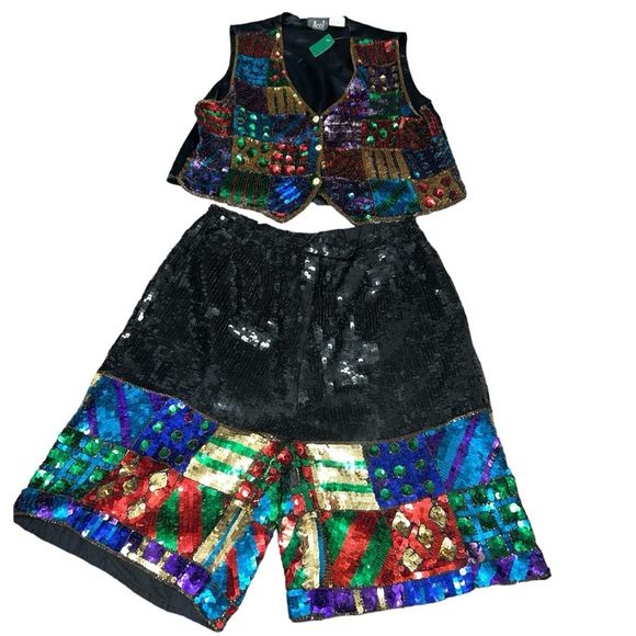 Modi Vintage Fully Sequined & Beaded Funky Festival Disco Silk Vest & Short Set - Picture 12 of 13
